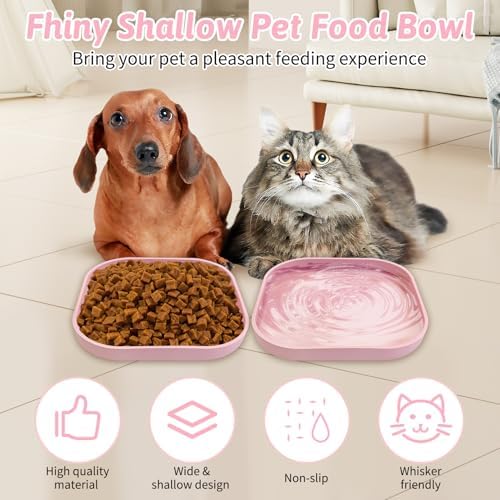 Fhiny 2PCS Silicone Cat Bowls Set 5.9 x 5.9 in Shallow Dog Dish Whisker Friendly Cat Food Plate for Dry & Wet Food Dishwasher Safe Non-Slip Pet Feeding Bowls for Kittens and Puppies (Pink)