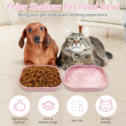 Fhiny 2PCS Silicone Cat Bowls Set 7.1 x 7.1 in Shallow Dog Dish Whisker Friendly Cat Food Plate for Dry & Wet Food Dishwasher Safe Non-Slip Pet Feeding Bowls for Kittens and Puppies (Pink)
