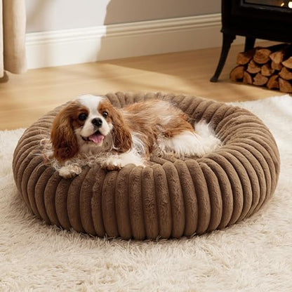 Bedsure ComfyFleece™ Donut Medium Dog Bed - Washable Faux Fur with Corduroy Fleece & Anti Slip Bottom, Round Pet Bed with Removable Cover, Camel Brown, 30x30x8 inches