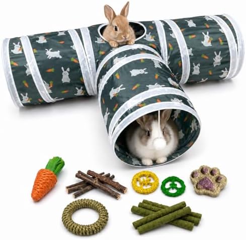 Rabbit Tunnel Toy, Collapsible 3-Way Hideout Tunnel with Chew Toys for Rabbits, Guinea Pigs, Ferrets, Kittens & Small Pets - Gray & White Bunny Carrot Design Hideout (33"x20"x9.5")