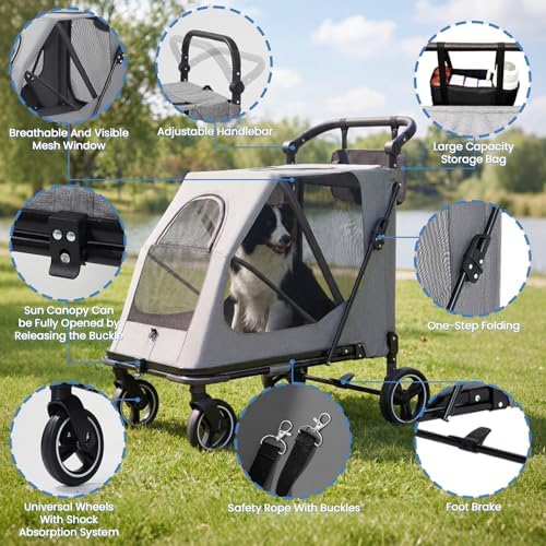 Dog Stroller for Large/Medium Dogs,Pet Stroller Up to 176 lbs,Extra Large Foldable Stroller for 2 Dogs Cats,Full-Open Sunshade Canopy,Adjustable Handle(Gray)