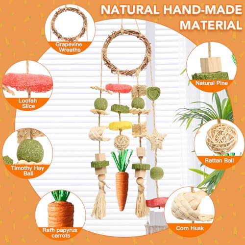 Jorewood Rabbit Chew Toys Bunny Cage Hanging Toy and Treats Rattan Ring with Snacks for Rodent Pets Teeth Healthy