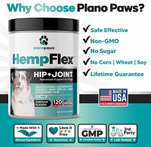 Glucosamine for Dogs Hip and Joint Supplement, 120 Soft Chews with Hemp