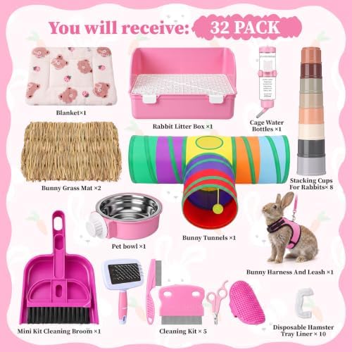 34 Pcs Rabbit Starter Kit Rabbit Litter Box Small Animal Water Bottle Cups Bunny Tunnels Animal Grooming Kit Bowl Blanket with Cleaning Set for Guinea Pig Bunny Accessories (Style 2,Pink)