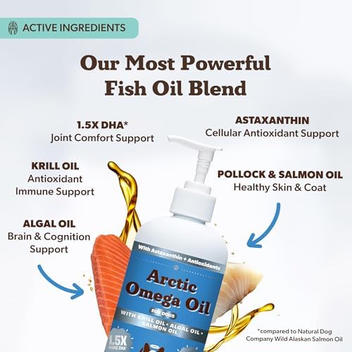 Natural Dog Company Arctic Omega Oil for Dogs – Salmon, Pollock, Krill & Algal, DHA Supports Skin & Coat, Joint Mobility, Cognitive Health & Immune Wellness, Liquid Fish Oil Pump,16 oz