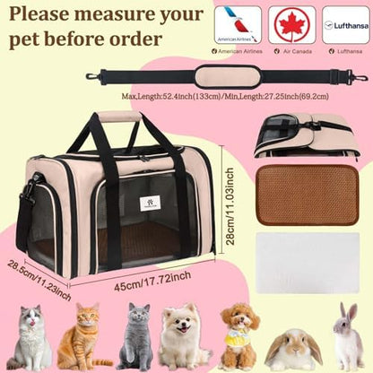 Cat Carrier - Cat Carrier Soft with Plush Pad & Cooling Mat, Easy-Load 4-Side Zipper & 3-Side Mesh Ventilation, Pet Carrier Airline Approved for Cats/Dogs Up to 16 lbs, Brown