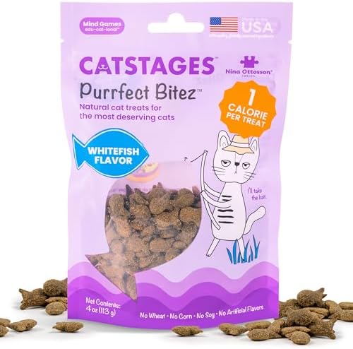 Catstages by Nina Ottosson Purrfect Bitez Natural Crunchy Cat Treats for Puzzles, Toys, Feeders, & Training, USA-Made, Real Whitefish Flavor, 4oz