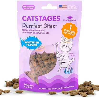 Catstages by Nina Ottosson Purrfect Bitez Natural Crunchy Cat Treats for Puzzles, Toys, Feeders, & Training, USA-Made, Real Whitefish Flavor, 4oz