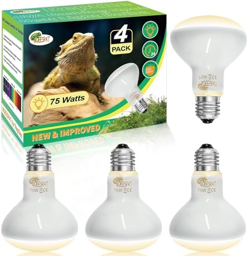 Pack of 4 Reptile Basking Light Bulbs - Incandescent 75W Simulated Sunlight UVA Heat Lamp Bulbs for Bearded Dragons, Geckos, Iguanas, Lizards, Amphibians & Small Pets