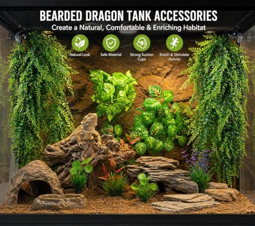 Reptile Plants for Terrarium Tank – Bearded Dragon Tank Accessories, Artificial Hanging Plant Vines, Habitat Decor & Hide for Crested Gecko, Lizard, Snake, Chameleon and Ball Pythons (Group A)