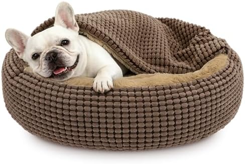 Dog Bed with Attached Blanket for Small Dogs or Cats, Soft Plush Cozy Donut Cuddler Hooded Pet Beds Washable. Round Puppy Bed Orthopedic, Calming Cat Cave Bed. Anti-Slip Bottom 26inch