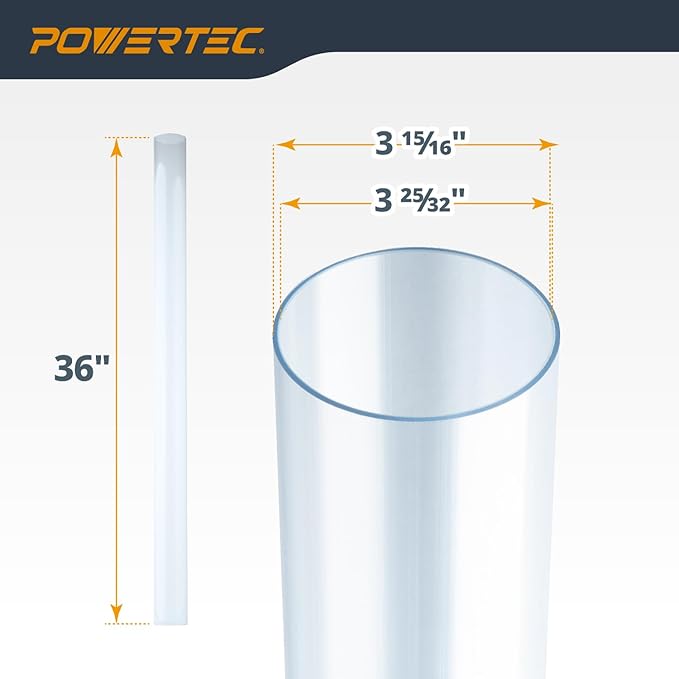 POWERTEC Clear PVC Pipe 4" x 36" Long, 1PK Plastic Tubing & 5PK Stainless Steel Pipe Straps w/Drywall Anchors & Screws Compatible w/Dust Collection Fittings, Hose for Woodworking Tools (70405)