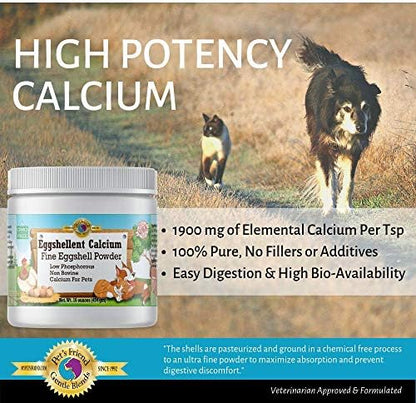 Calcium for Dogs and Cats - Fine Eggshell Powder - Strong Hip & Joint Supplement for Dogs and Cats- Dietary Supplement - No Additives - Pet's Friend Eggshellent Calcium 16oz