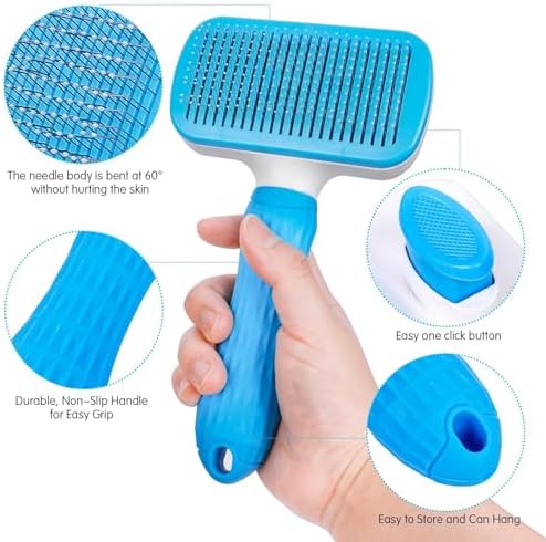 Generic Pet Grooming Brush, Blue - Self Cleaning Hair Brush for Dogs and Cats, Removes Loose Undercoat, Bristles with Massage Particles, Ergonomic Handle, For Long or Short Hair Breeds