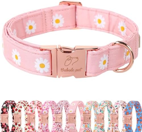 Spring Dog Collar, Cute Pink Daisy Femal Pet Collar with Metal Buckle, Durable Adjustable Designer Dog Collars for Small Medium Large Dogs S