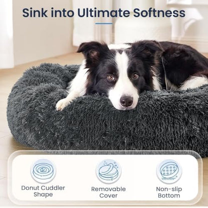 JOLLYVOGUE Calming Washable Dog Beds Large Sized Dog, 36Inch Donut Large Dog Bed with Removable Cover, Anti-Slip Round Fluffy Faux Fur Bed, Fits up to 80 lbs Pets, Dark Grey