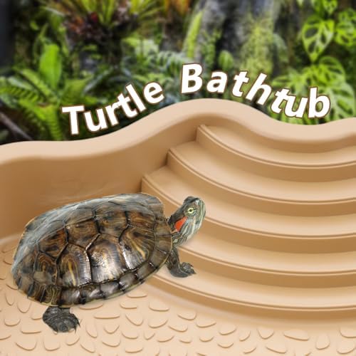 Reptile Bathing Pool with Ramp, Turtle Tortoise Water Bowl & Food Dish