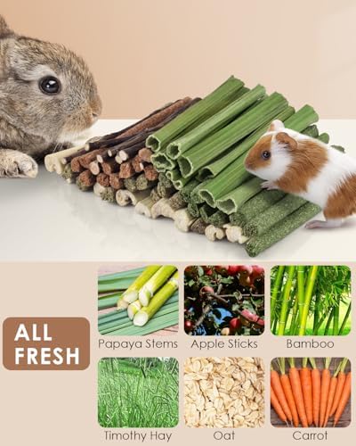 Bissap 54 PCS Rabbit Chew Sticks, Mix Natural Sweet Bamboo Timothy Hay Oat Carrot Chew Stick Apple Branch Bunny Chews for Rabbit Hamster Chinchilla Guinea Pig Small Pet Molar Treats