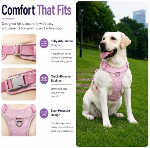 PawWave No Pull Dog Harness with Built-in Hidden AirTag & GPS Tracker Holder, Reflective Adjustable Escape-Proof Vest Harness for Small & Medium Dogs (Pink, XL)