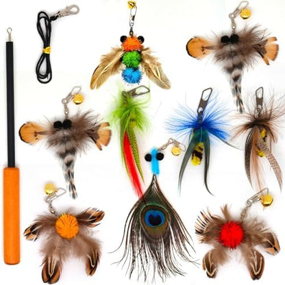 miwoowim 10PCS Retractable Cat Wand Toy with Natural Feather Insect Refills