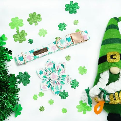 St Patrick's Day Dog Collar with Flower-Cute Trefoil Adjustable Pet Collar Cotton Clovers Puppy Collars Holiday Metal Buckle Collar for X-Small Dogs