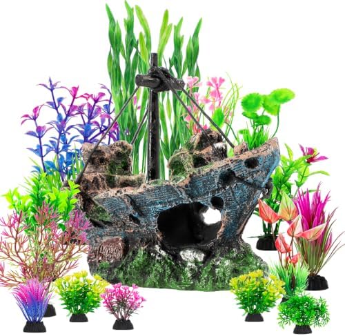 16Pcs Fish Tank Decorations Set Sunken Ship Decoration,Resin Material Fish Tank Accessories Accessories for Natural Look, Aquarium Shipwreck x 1pc, Aquatic Plants x 15pcs