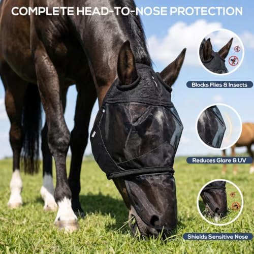 Horse Fly Mask Without Ears, Removable Nose Cover, Large