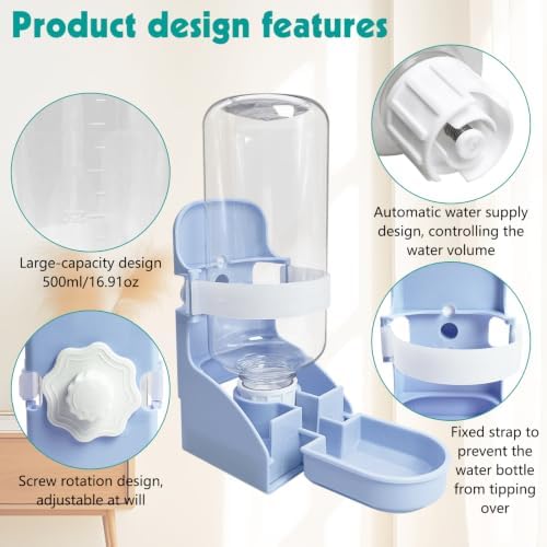 kathson Rabbit Water Bottle, 17oz Hanging Water Fountain Automatic Dispenser No Leak WaterFeeder for Bunny Chinchilla Guinea Pig Hedgehog Ferret, Blue