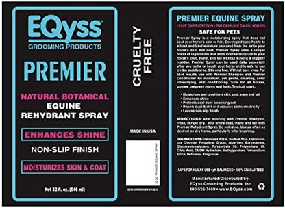 EQyss Premier Equine Horse Spray - Moisturizes Skin and Coat, Enhances Shine and Detangles, Prevents Dry Skin - Non-slip, Repels Dirt, USA-made
