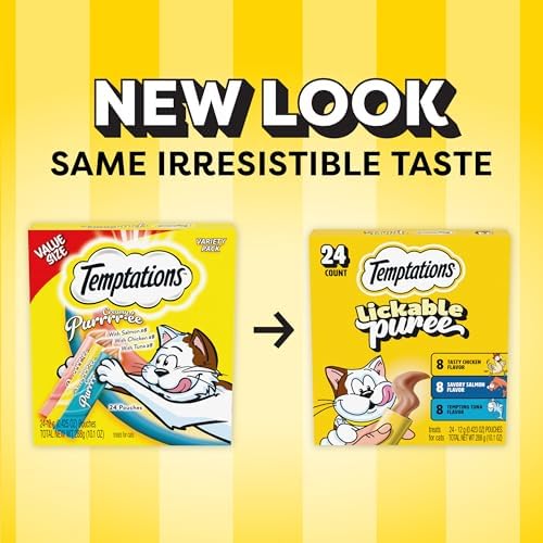 Temptations Creamy Puree Cat Treats, Chicken, Salmon & Tuna, 24 Count