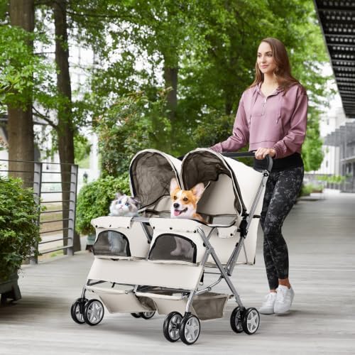 Double Pet Stroller for 2 Dogs & Cats, Side-by-Side, Gray