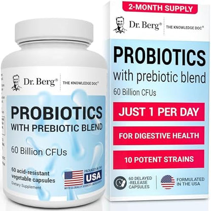 Dr. Berg Probiotic Supplement (60 Billion CFUs) - Helps Ease Occasional Constipation, Diarrhea, Gas & Bloating* - Pre and Probiotics for Digestive Health - 60 Probiotic Capsules