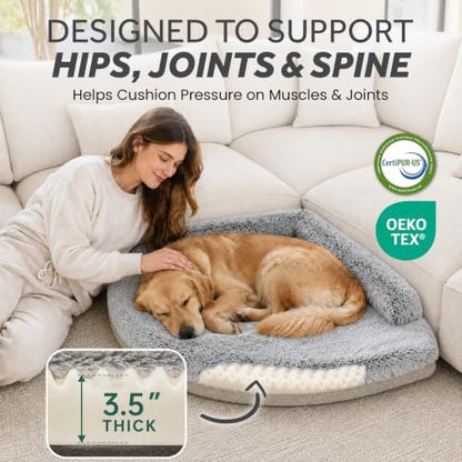 Corner Dog Bed XL, 42" Calming Fluffy Orthopedic Pet Beds, Beige