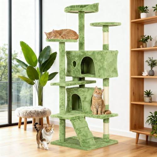 BestOffice 54 Inch Cat Tree, Multi-Level Cat Tower with Condo, Perches, Sisal Scratching Posts, Climbing Ladder,Indoor Activity Center Play House for Kittens & Adult Cats,Green