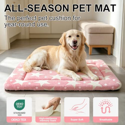 Dog Bed Mat, Reversible Crate Pad & Durable Dog Bed - Machine Washable Kennel Mat with Ultra Soft for Large Dogs (Big&Small Stars Pink, 35" L*23" W*1.5" Th)