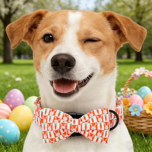 Dog Collars, Easter Carrot Rabbit Print Cotton Collar Holiday Adjustable Light Plastic Buckle Collar with Bow Pet Collar Gift for Medium Dogs