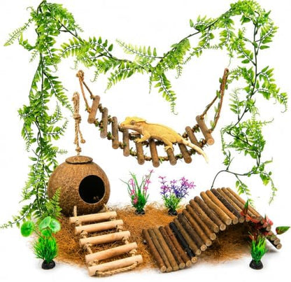 Crested Gecko Tank Accessories, Reptile Bridge and Plants with Coconut Shell Ladder Hideout, Natural Terrarium Decor for Lizard, Chameleon, Leopard Gecko, Snake, Hermit Crab and Tortoise (Group B)