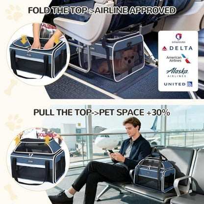Lekereise Top-Expandable Pet Carrier 17x11x9.5 Inch Alaska Hawaiian Airline Approved Soft Sided Underseat to 12lbs Travel Carriers for Small Dogs and Cats with Locking Safety Zippers Anti-Scratch Mesh