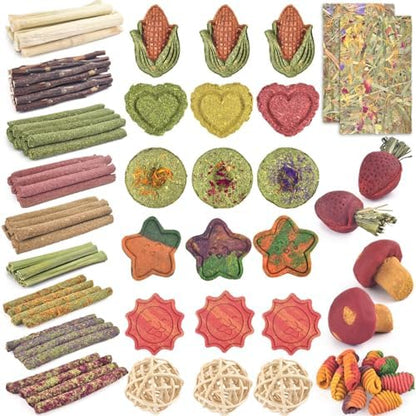 ERKOON 106PCS Bunny Chew Toys for Rabbits Teeth, Natural Rabbit Toys Apple Wood Sticks, Carrot, Timothy Grass Treats for Small Pets, Hamster, Chinchilla, Guinea Pig Dental Care and Treat Teething Toys