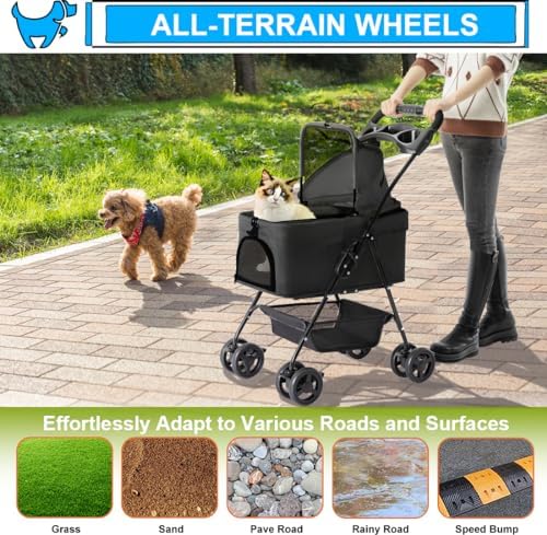 Pet Stroller with Detachable Carrier for Small Dogs & Cats, Black