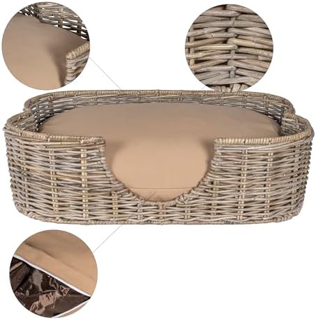 DBD1002A Scallop 27" x 18.25" Tropical Handwoven Rattan Dog Bed with Machine Washable Cushion, Kubu Gray