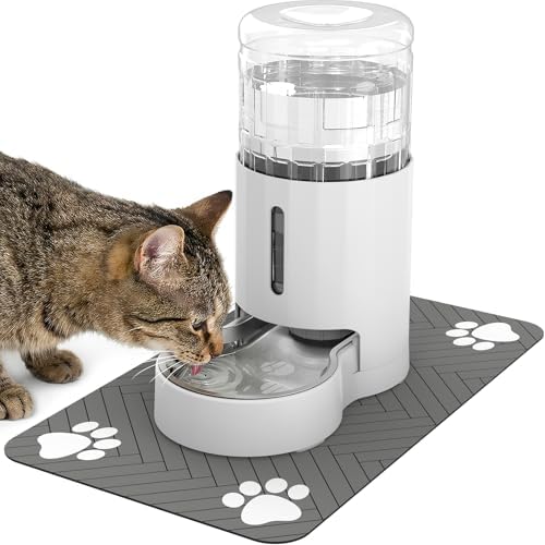 JUNSPOW Cat Water Dispenser with Placemat & Stainless Steel Bowl (4L White)