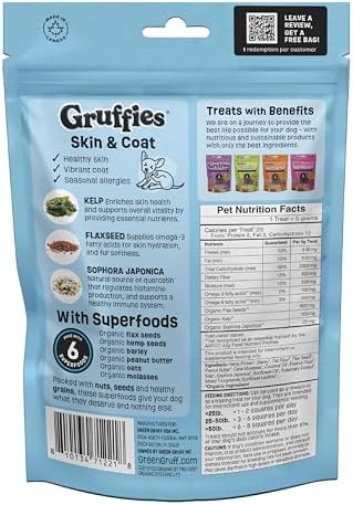 Gruffies Skin & Coat Dog Treats, Peanut Butter Dog Treats with Flaxseed, Kelp & Blueberries, USDA Organic, Non-GMO, Soy-Free, Wheat-Free, Corn-Free, Made in Canada, 6 oz (Pack of 6)