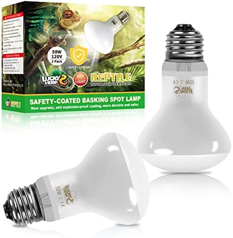 LUCKY HERP New Upgrade 50W Reptile Heat Lamp Bulb (3rd Gen, Safer), Amphibian Basking Spot Light Bulb, UVA Reptile Daylight Bulb for Turtle, Bearded Dragon, Lizard Heating Use (2 Pack)