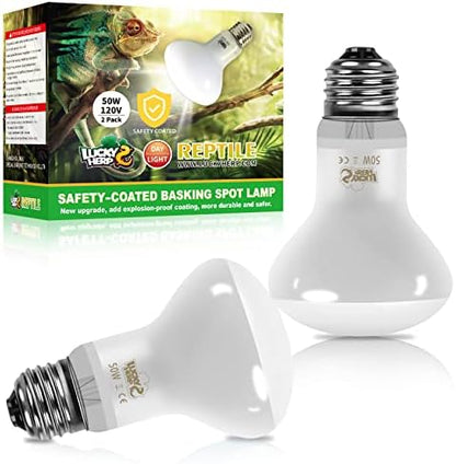 LUCKY HERP New Upgrade 50W Reptile Heat Lamp Bulb (3rd Gen, Safer), Amphibian Basking Spot Light Bulb, UVA Reptile Daylight Bulb for Turtle, Bearded Dragon, Lizard Heating Use (2 Pack)