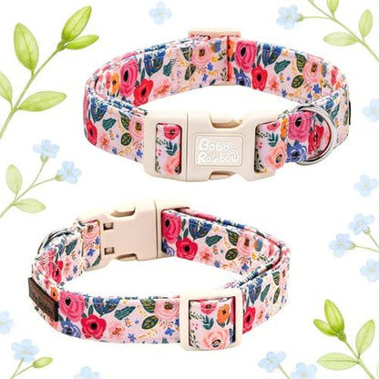 Dog Collars, Spring Blue Flower Print Cotton Collar Light Pink Adjustable Light Plastic Buckle Collar with Bow Pet Collar Gift for Small Dogs