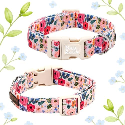 Dog Collars, Spring Blue Flower Print Cotton Collar Light Pink Adjustable Light Plastic Buckle Collar with Bow Pet Collar Gift for Medium Dogs