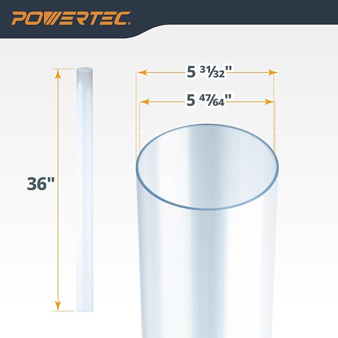 POWERTEC Clear PVC Pipe 6" x 36" Long, 1PK Rigid Plastic Tubing, Round Tube Compatible w/Dust Collection Fittings - Hose for Woodworking Tool, Dust Collection System or Cat Tree (70274V)