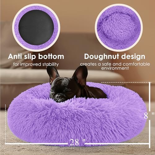 28in Large Dog Bed, Calming Donut Bed for Puppy and Kitten (Purple)