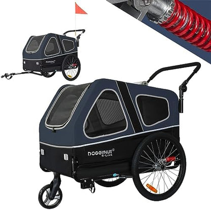 DOGGYHUT® S-Line XL Pet Bike Trailer & Stroller for Large Dogs Up to 100 lbs, Folding Dog Cart with Shock-Absorbing Suspension Wheels, Low Center of Gravity, Parking Brakes